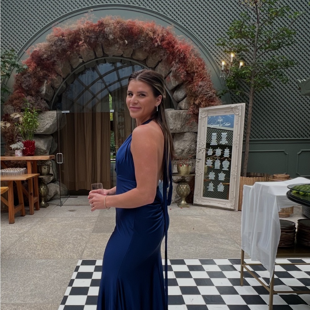 Backless Navy Halter Evening Dress - Women